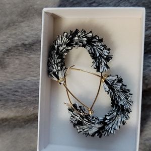 Black and white tassel like dangle teardrop earrings